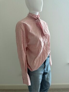 Red and White Striped Tie-Neck Button-Down Shirt